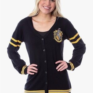 Elegant Black Cardigan with Yellow Stripes